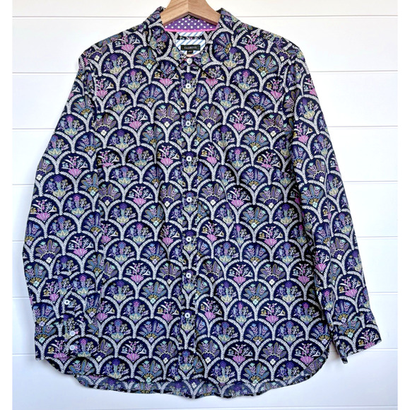 TALBOTS Modern Classic Button Front Shirt Scalloped Floral Cotton Striped Cuff L - Picture 3 of 16